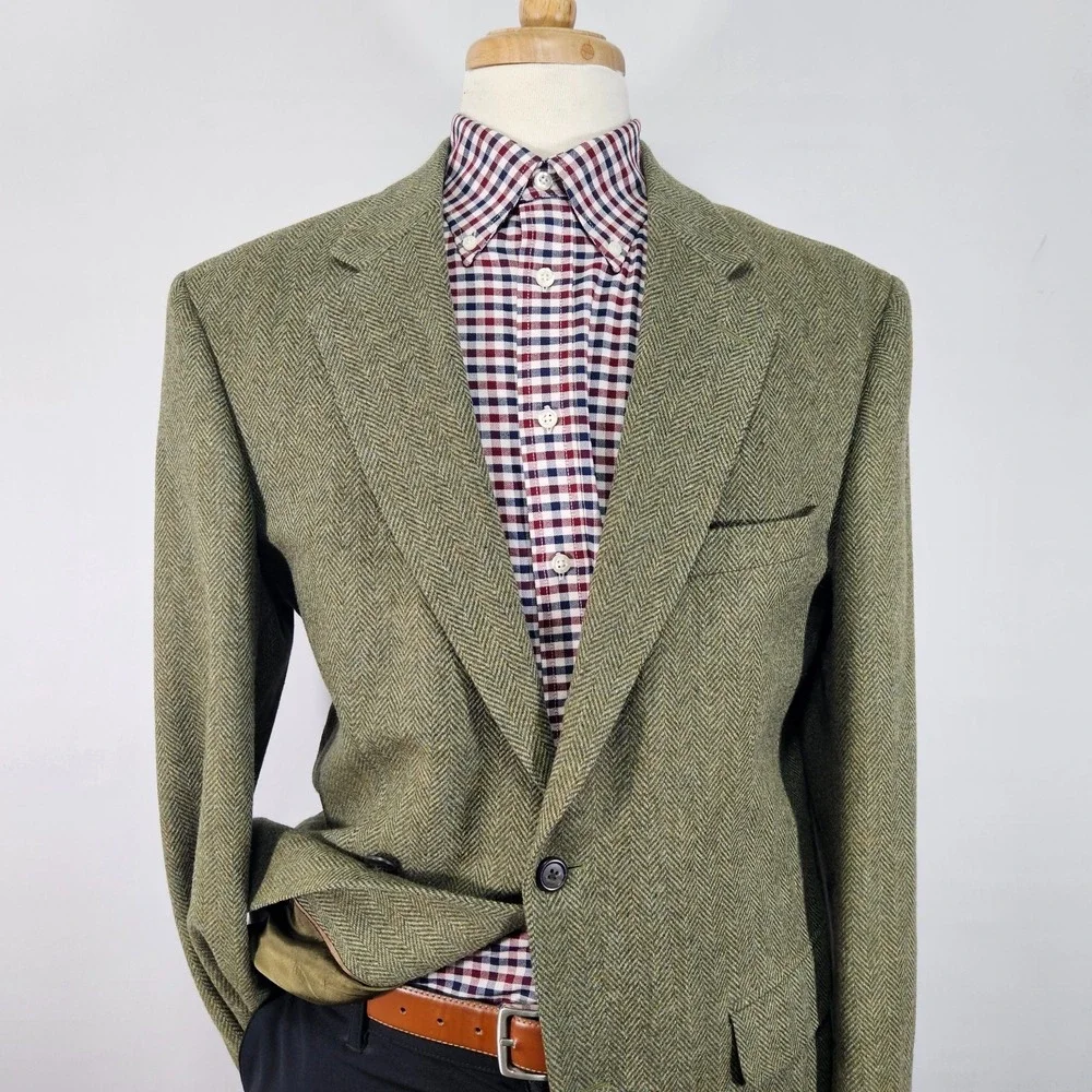 Land's End Men's Tweed Style Sport Coat Blazer Two Button Olive Wool & Lamb 41L